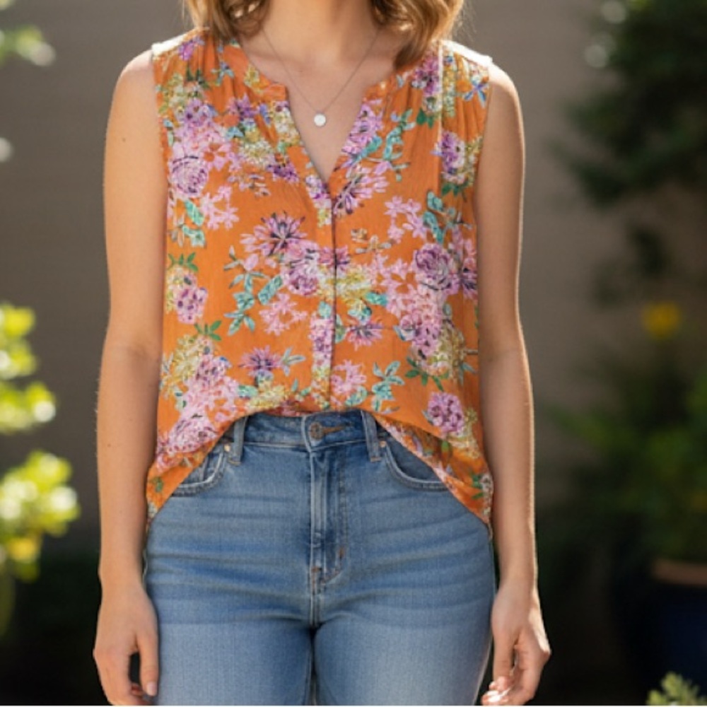 Cotton Bleu Orange Floral Sleeveless Button Down Blouse- Large
